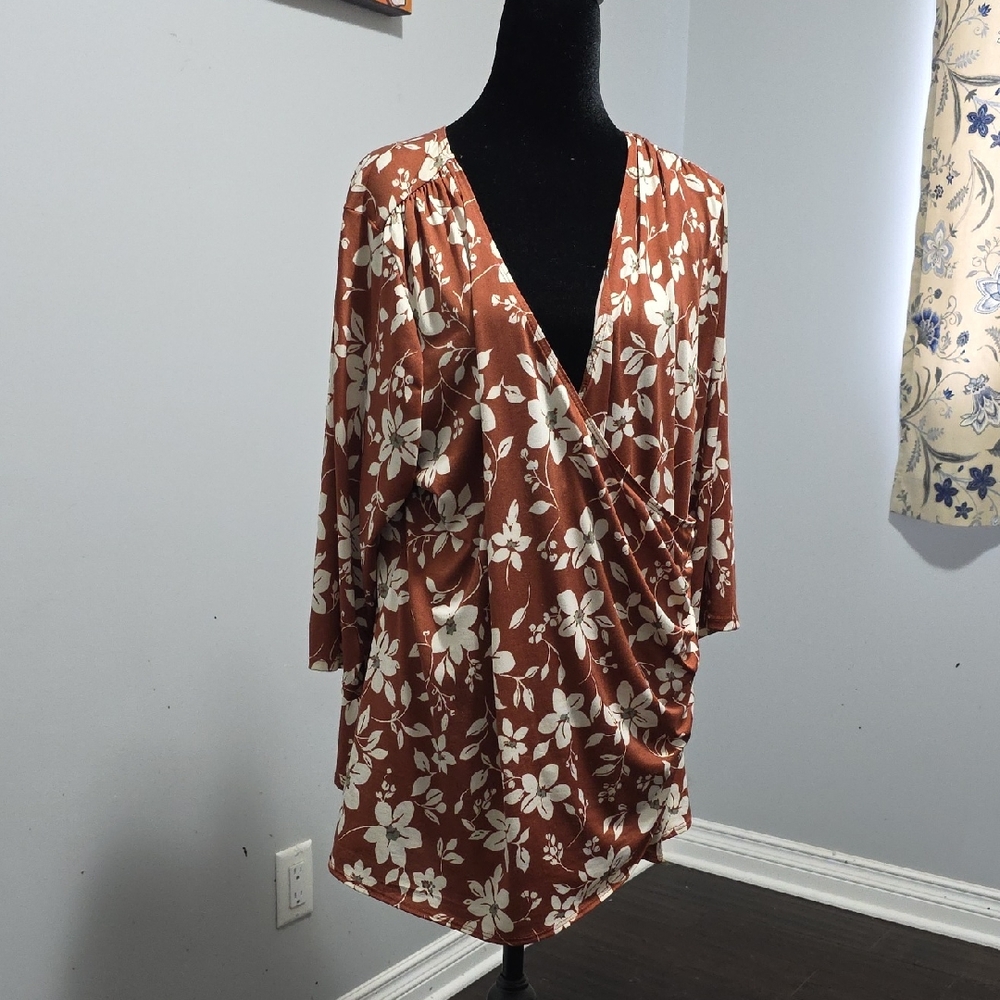 Floral Wrap Blouse in Brown and White